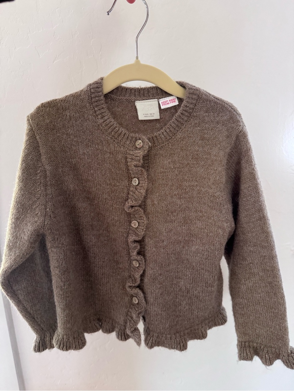 Zara Brown Ruffle-Trim Crewneck Cardigan